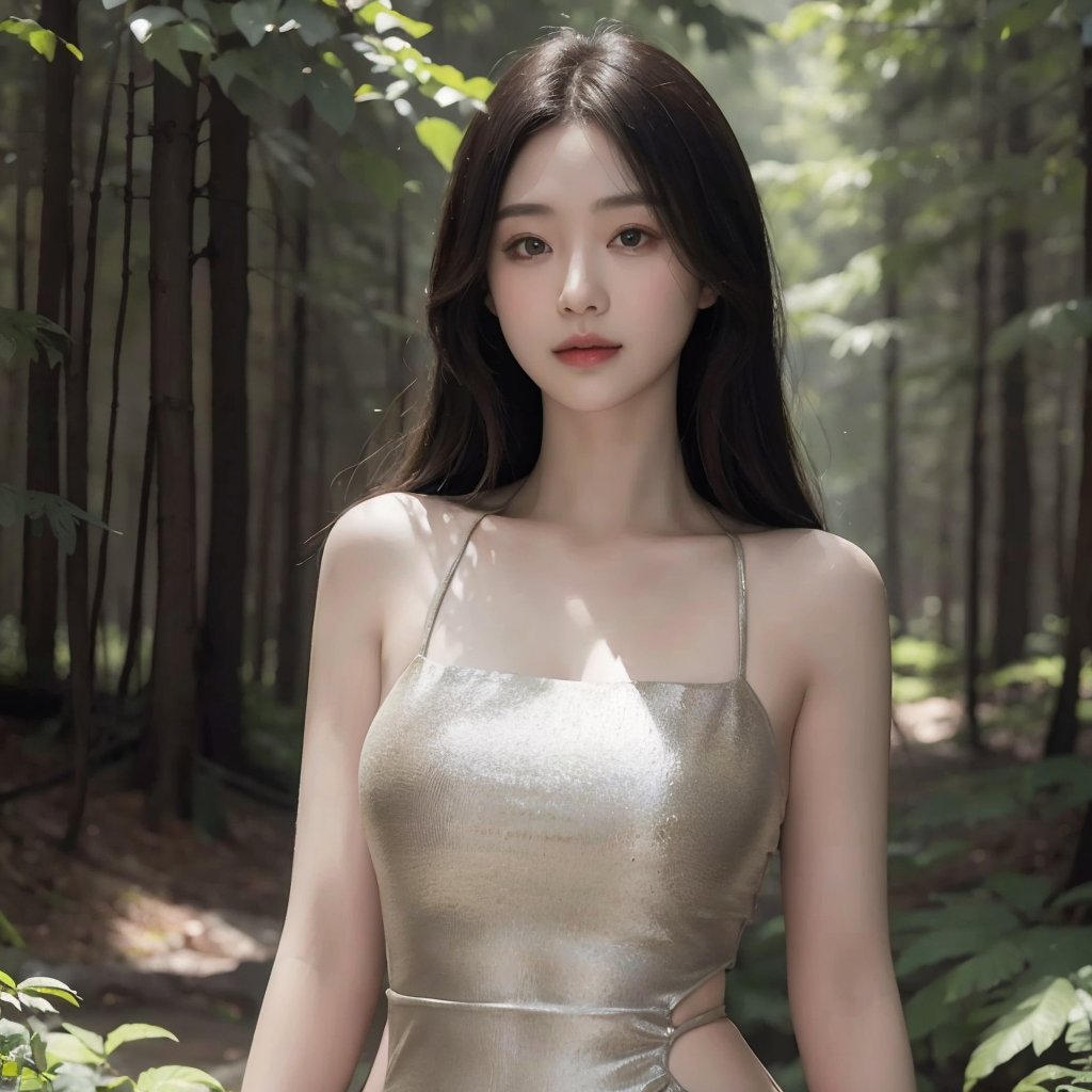 masterpiece,best quality,ultra high res,1girl,hip wrap dress\(yedian\),upper body,(Enchanting forest with sunlight filtering through the trees:0.5),<lora:yediandress9:0.8>,