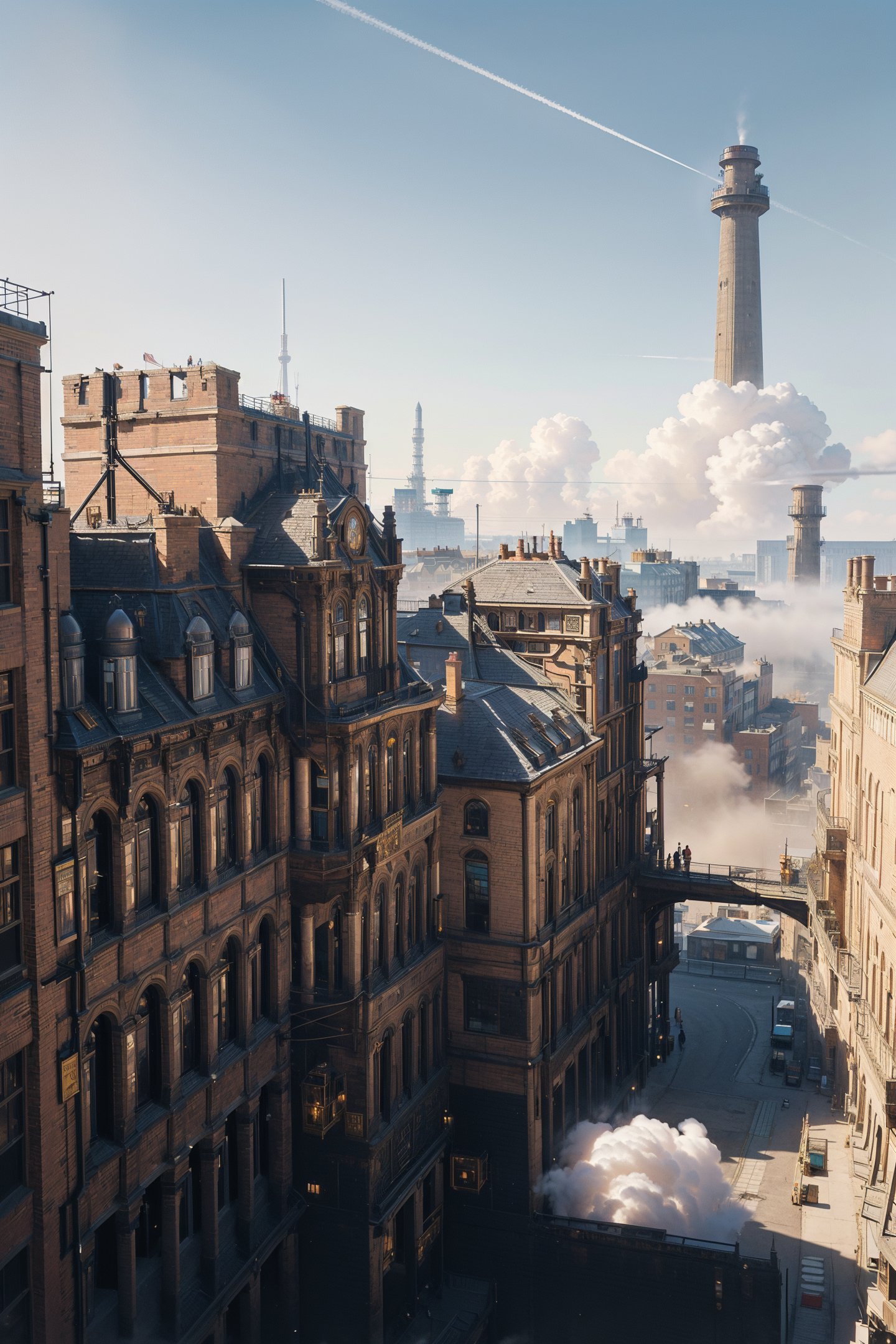 1girl, portrait,A sprawling city filled with Victorian architecture and clockwork towers, Airships float in the sky above, while steam-powered carriages travel on the streets below, The foreground features brass pipes and cogs and gears, along with copper boilers and factories with smokestacks emitting steam