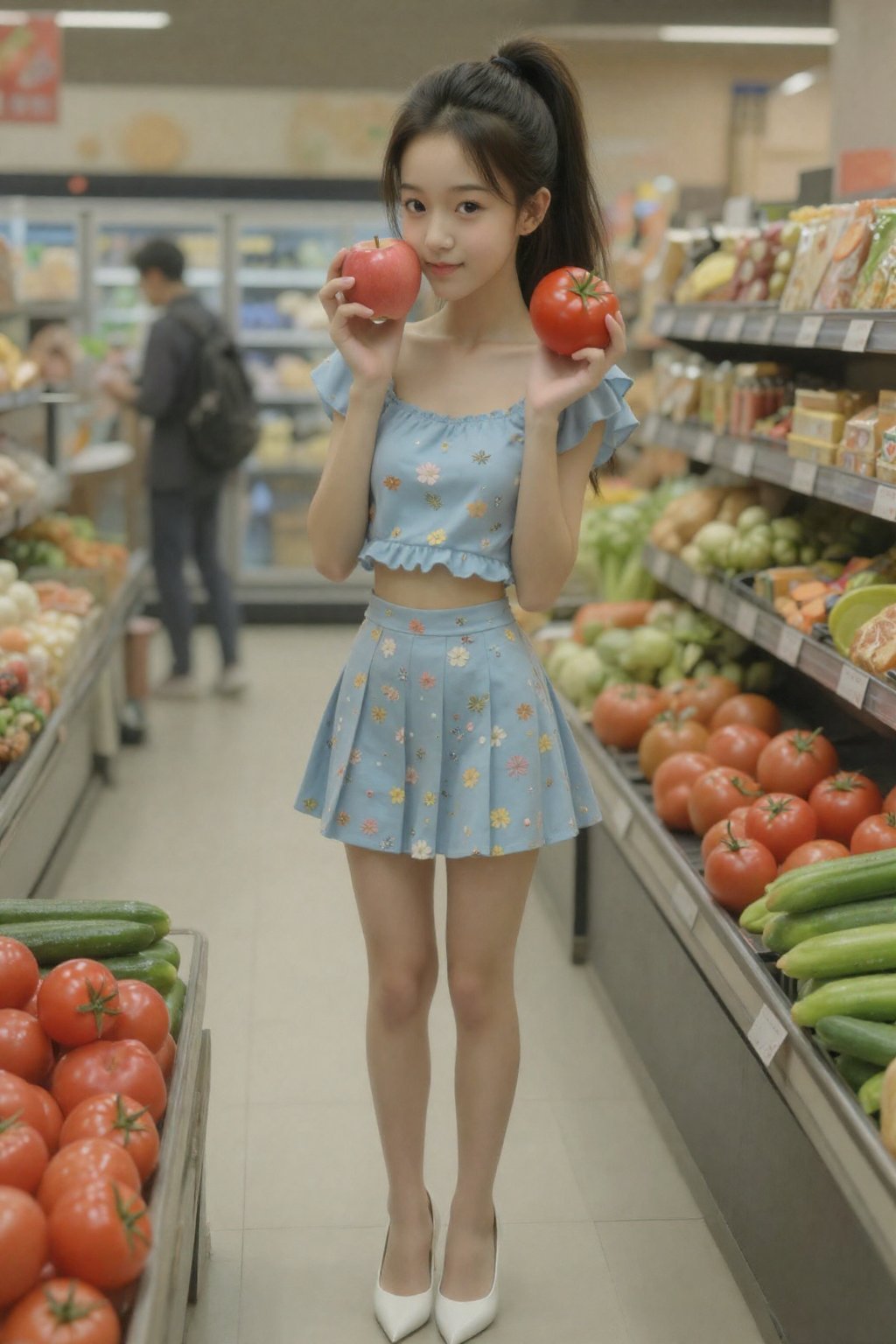 一位看起来十八到二十的年轻东亚女性站在商店过道中央。她留着一头乌黑的长发,  扎成高高的马尾辫,  表情喜悦。她白皙的肌肤清晰可见。她身穿浅蓝色荷叶边短款上衣和同色系低腰迷你百褶裙各印着彩色小花 by 天TIN on Tensor.Art