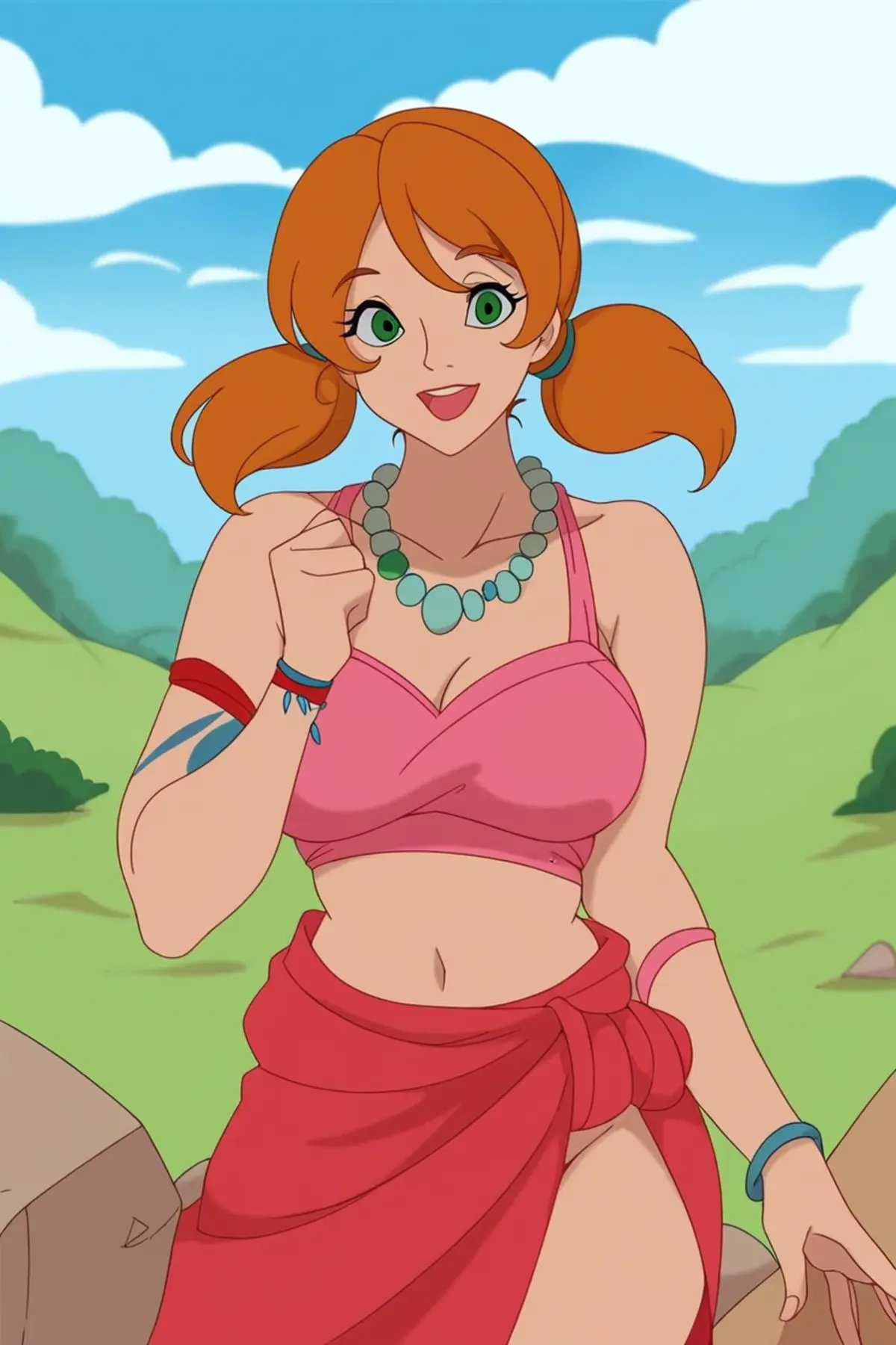 score_9, score_8_up, score_7_up, source_anime BREAK 1girl, solo,   twintails, green eyes, tribal jewelry, necklace, bracelet, beads, pink crop top, belt, sarong, clothes around waist, waist up, rock formations, blue sky, field, landscape, cloud trails, looking at you, happy, open mouth, medium breasts   <lora:t00nstylev1PonySDXL:1> t00nstyl3