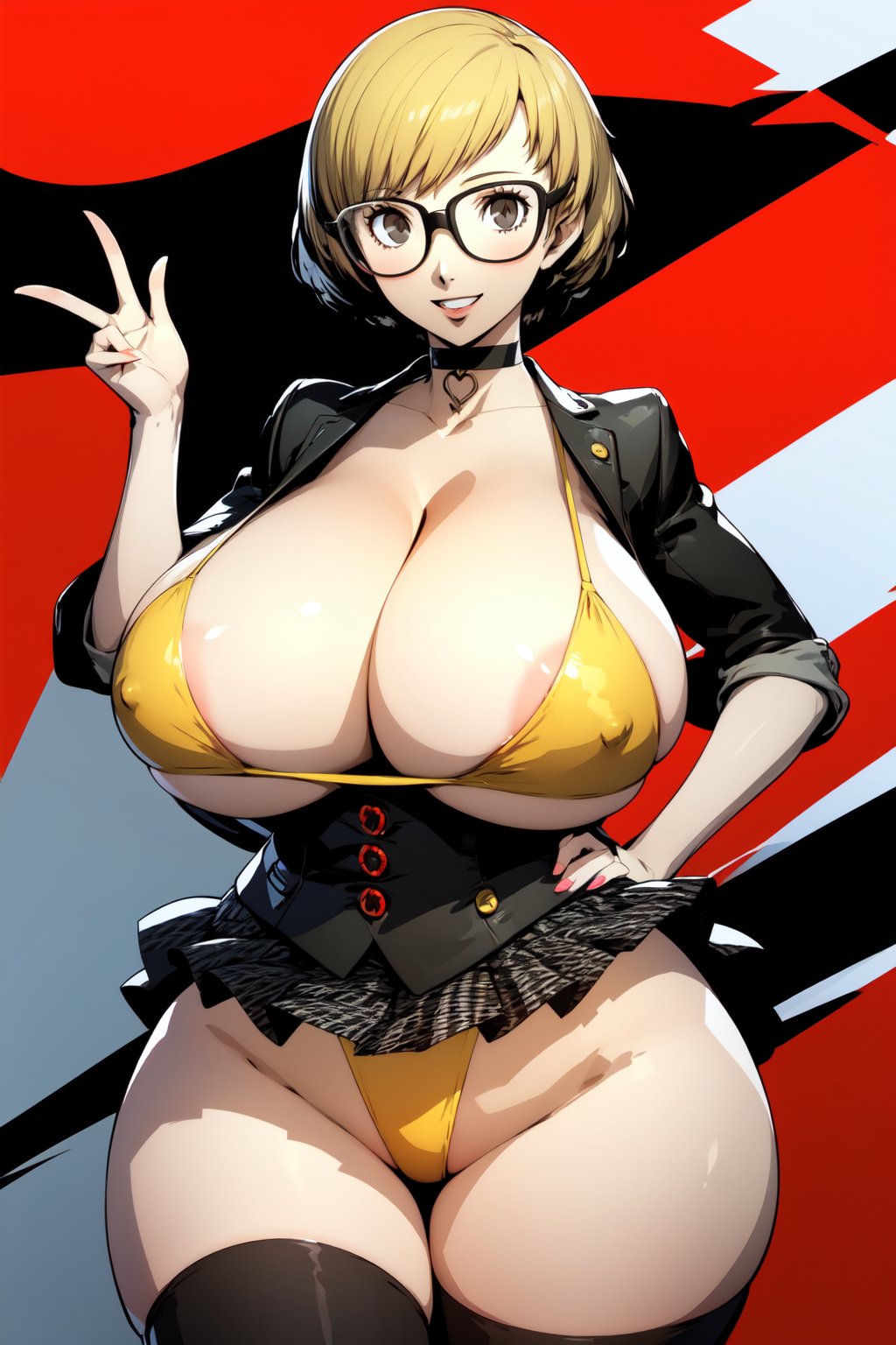 1girl,solo,(gigantic breasts),wide hips,thick thighs,,thighhighs,golden bikini,short hair,choker, smile,happy,glasses <lora:persona 5 style:1>