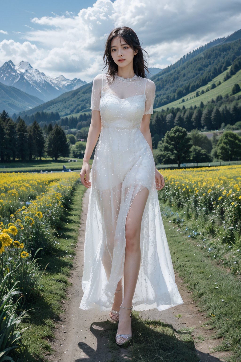 Realistic,(masterpiece:1.2),best quality,8K,HDR,RAW,1girl,(Black hair,delicate girl),((solo)),(Spring scenery, mountains in the distance, beautiful clouds, rape flower fields),huge breasts,standing,full body,(Looking at the audience),<lora:add_detail:0.6>,<lora:GoodHands-beta2:1>,<lora:ENNE 白色雪纺连衣裙_v10:1>,white skirt,