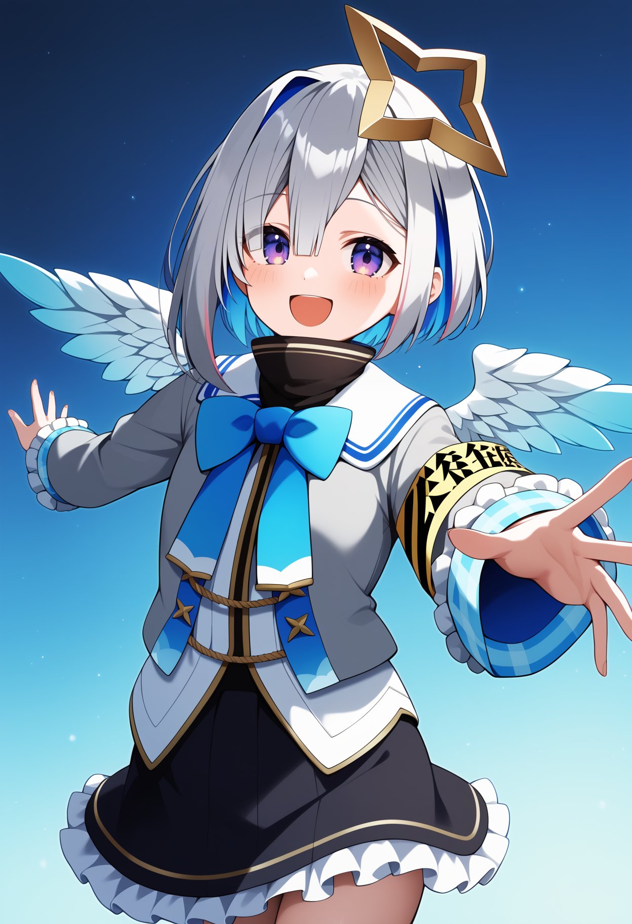 score_9, score_8_up, score_7_up, score_6_up, score_5_up, score_4_up, source_anime, aakanata, short hair, multicolored hair, grey hair, yellow halo, purple eyes, wings, turtleneck, white sailor collar, blue bowtie, grey jacket, long sleeves, frilled sleeves, armband, plaid, frilled skirt, black skirt, <lora:amane_kanata_ponyxl_v1:0.9>, standing, cowboy shot, reaching, smile, open mouth, 