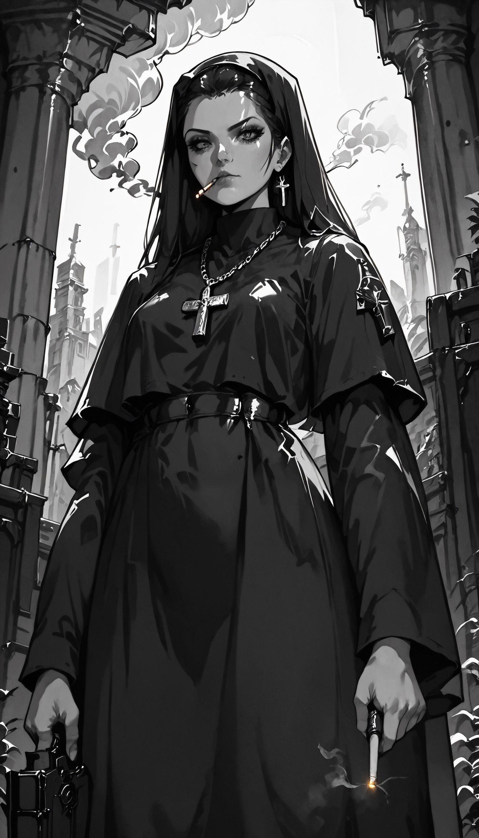 score_9, score_8_up, score_7_up, xenotr1p, monochrome, noir style , orthodox_nun, nun, black cassock, female, medium breast, cigarette, pistol, smoke, low angle, dominant pose, selective color gold, gold cross necklace,  <lora:ZEL\orthodox_nun_v0.2.safetensors:0.8:1> <lora:ENCHANCE\XL_lora_offset_02.safetensors:0.3:1> <lora:pony_style\Xenotrip_v.2.safetensors:1:1> <lora:ENCHANCE\add-detail-xl.safetensors:0.6:1>