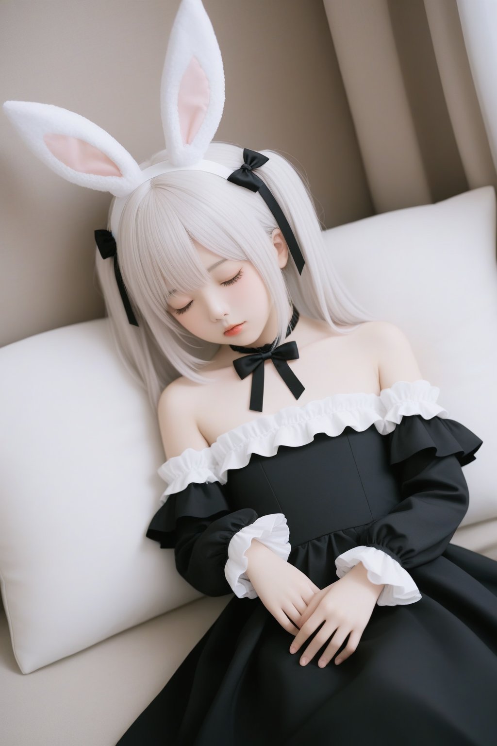 1girl, solo, stuffed bunny, closed eyes, animal ears, stuffed toy, stuffed animal, dress, rabbit ears, black dress, hair ornament, blush, pillow, lying, bow, sleeping, on back, parted lips, bangs, feet out of frame, twintails, frills, hair bow, choker, long sleeves, bandages, long hair, hairclip, x hair ornament, collarbone, bare shoulders, white hair, black choker, sleeveless dress