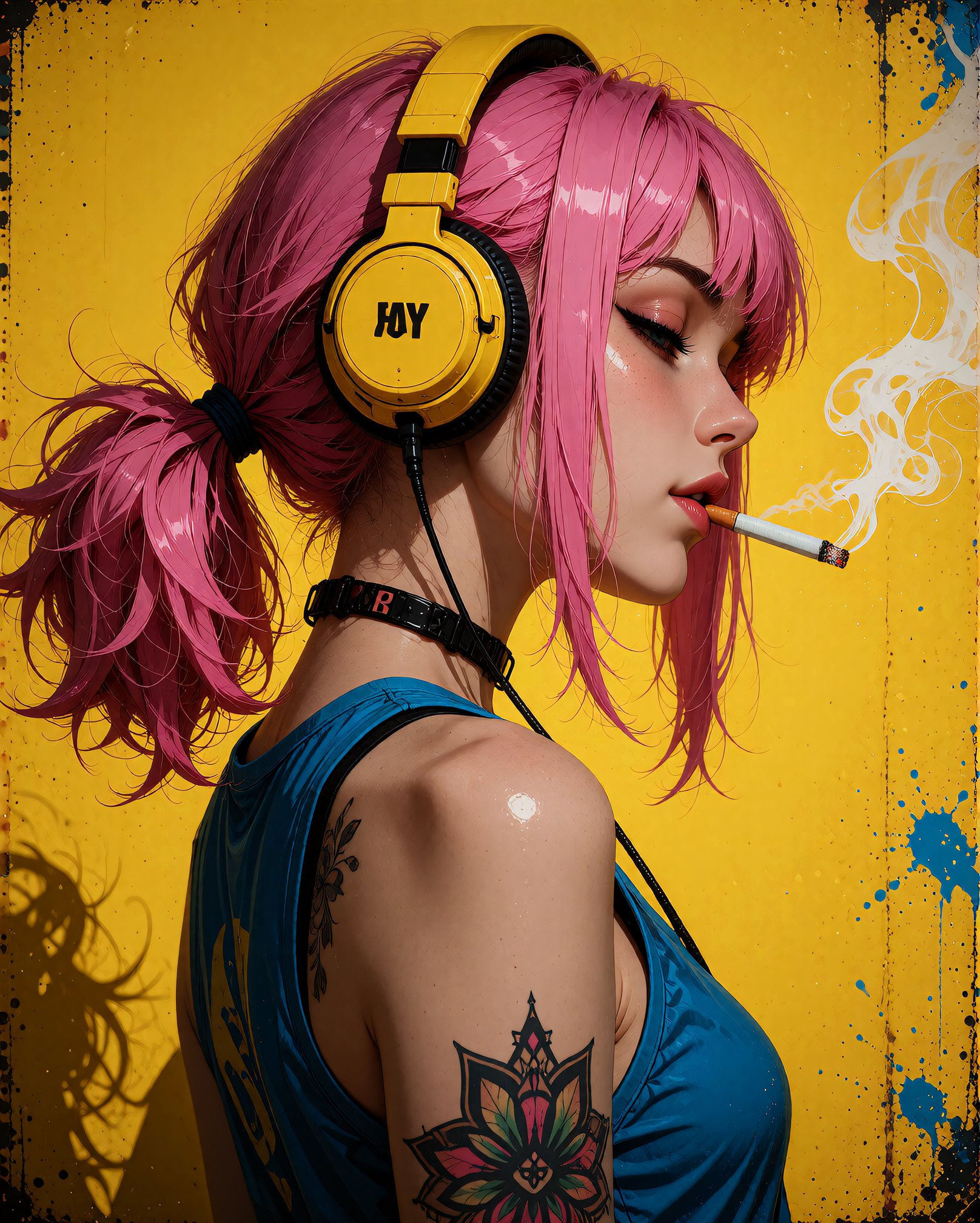 A digital illustration shoot from a profile angle about a adult woman with pink hair wearing headphones against a bright y...