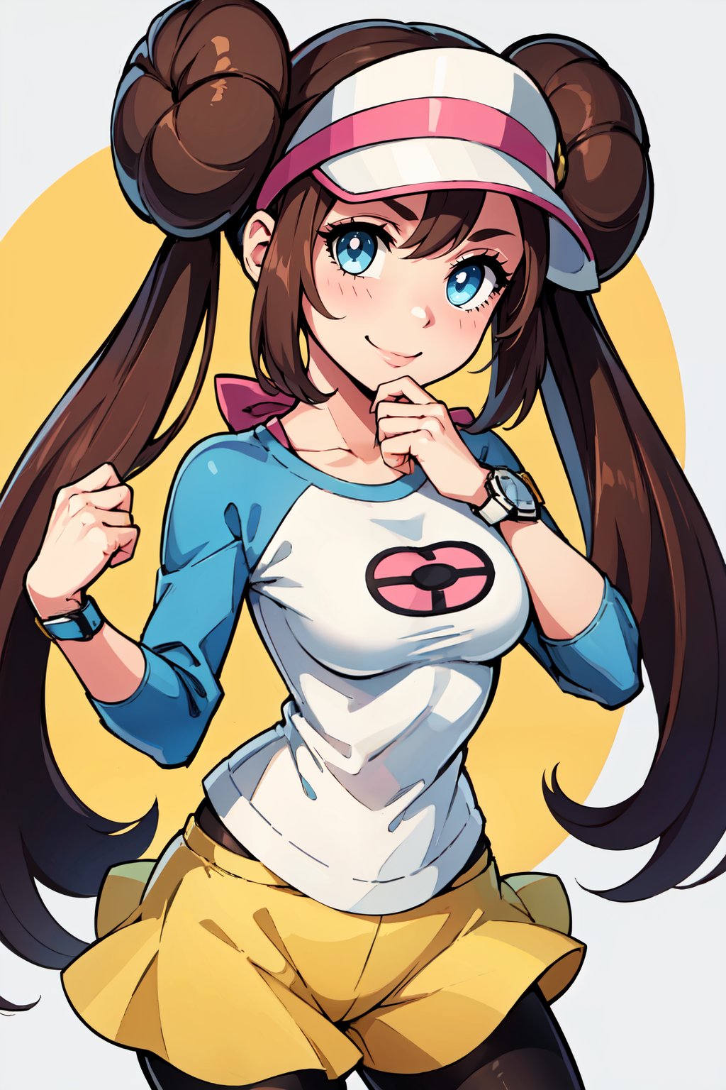 ((masterpiece,best quality)), absurdres,   <lora:Rosa_v5:0.7>,   zzRosa, hair bun, blue eyes, twintails,  visor cap, pantyhose, raglan sleeves, yellow shorts, shirt, pink bow, wristwatch,  solo, smile, looking at viewer, cowboy shot,