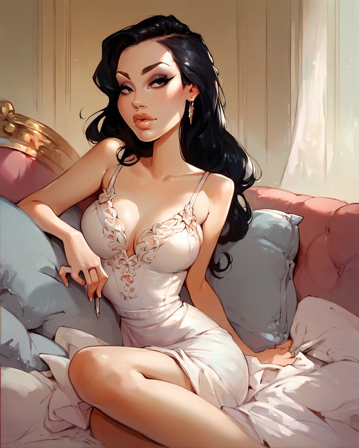 amy, 1 girl, sitting on the sofa, black hair, wearing sexy dress, sexy pose <lora:fallen_ai_PONY_AMY_MATTHEWS_style:1>, zPDXL, score_8_up, score_7_up, score_6_up, score_9, illustration