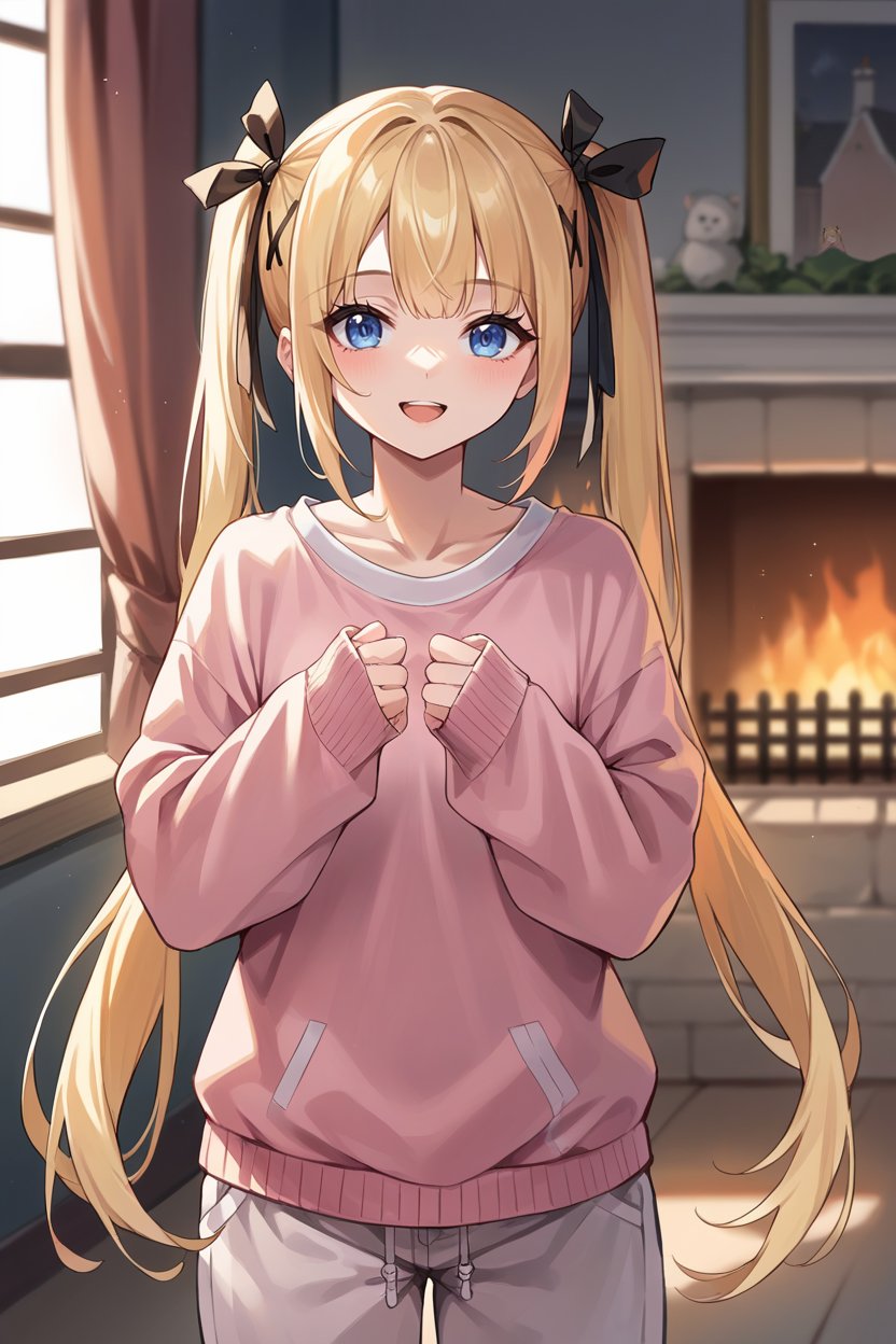 score_9, score_8_up, score_7_up, score_6_up, source_anime, BREAK 1girl  <lora:marierose-pdxl-nvwls-v1-000006:1> doamarie, blonde hair, twintails, x hair ornament, hair ribbon, pink sweater, sleeves past wrists, oversized clothes, pajama pants, fireplace, happy, looking at you, mansion