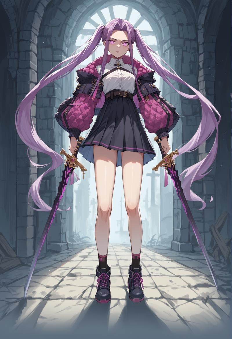 1girl, purple hair, absurdly long hair, purple eyes, twintails, white shirt, dress, miniskirt, pleated skirt, cropped jacket, belt, long sleeves, cross-laced footwear, glowing eyes, indoors, dungeon, holding sword <lora:Meduseless:1>, score_9, score_8_up, score_7_up, score_6_up, score_5_up, score_4_up, (m-da s-tarou:0), masterpiece