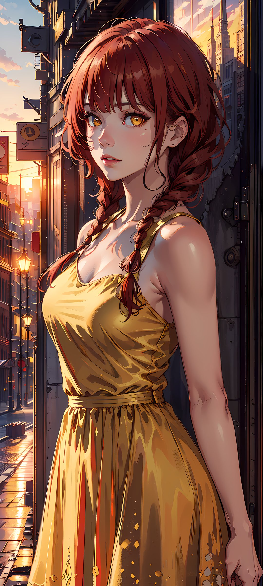 masterpiece, (photorealistic:1.4),1girl,  best quality, beautiful lighting, ((red hair))+(long braided hair)+(bangs), yellow eyes, golden eyes, (ringed eyes), RAW photo, 8k uhd, film grain, (1girl), city, (golden dress), sunset,   <lora:Violet:0.1>