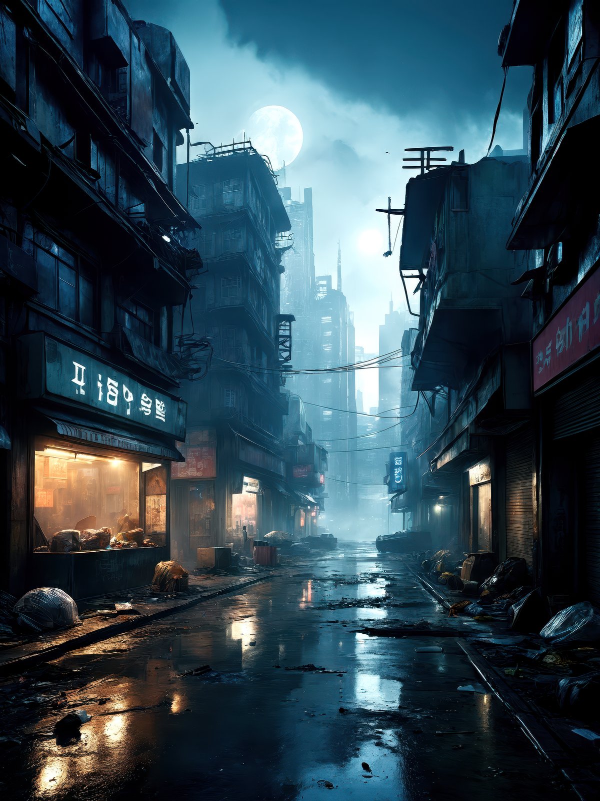 dark futuristic scenery, atmospheric fog, moonlight, futuristic city, dirty busy streets with open shops, trash on street, run down buildings, (post apocalyptic city:1.3)