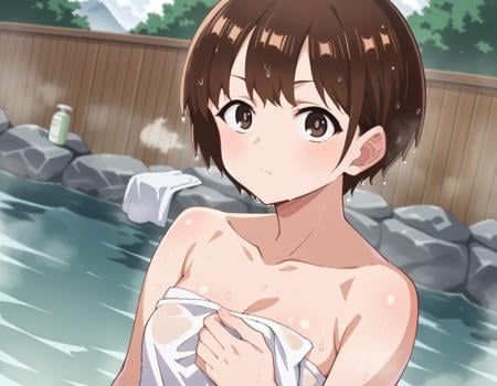 score_9, score_8_up, score_7_up, source_anime,chihirokobayashi, <lora:chihiro-kobayashi-s2-ponyxl-lora-nochekaiser:1>,chihiro kobayashi, short hair, brown hair, brown eyes,nude, naked,outdoors, onsen, towel, naked towel, steam, bathing, nude cover, partially submerged, water, bath, steam censor, wet towel,looking at viewer, cowboy shot, dutch angle,