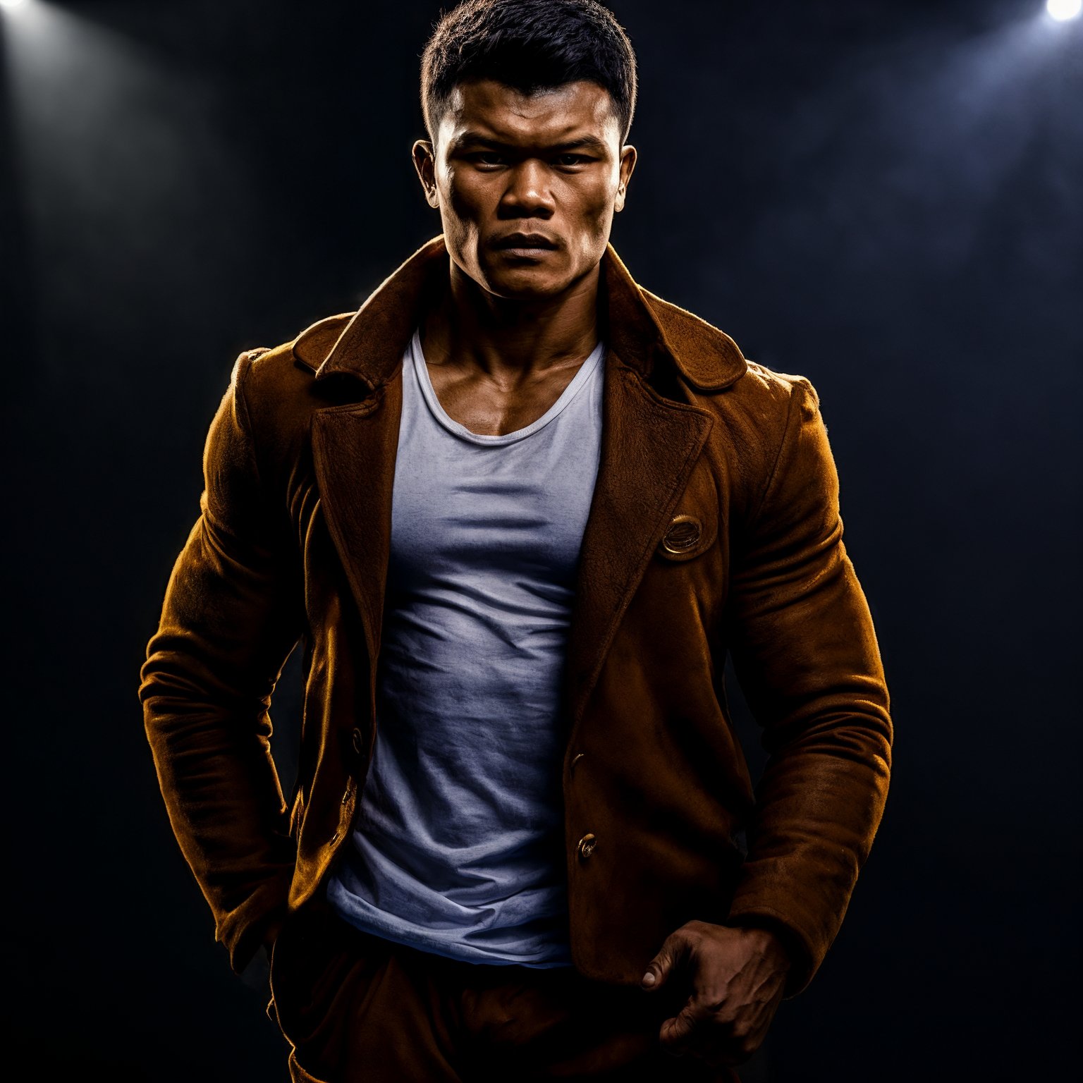 photo of peemaipor, a muscular man wearing an expensive brown jacket and an expensive white shirt in a dramatic pose set against a dark moody backdrop with spotlighting to create a sense of drama and intensity hdr<lora:Add More Details:0.7> <lora:Peemaiporkobk B1:1>