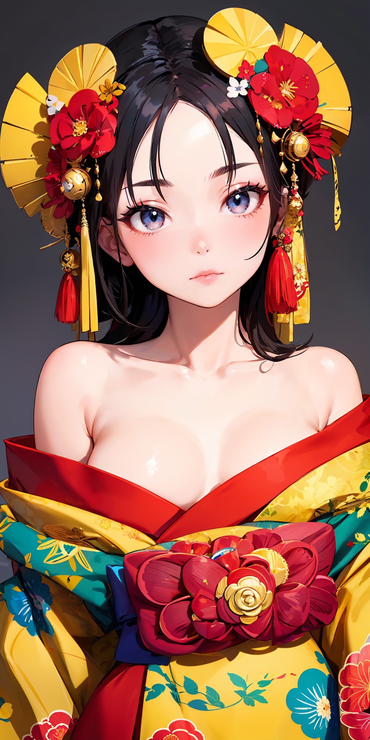 masterpiece,ultra-detailed,best quality,8K,illustration,cute face,clean skin ,shiny hair,girl,,simple background,cowboy shot, <lora:oiran_V1.0:0.8> oiran, hair ornament, japanese clothes, floral print,off shoulder