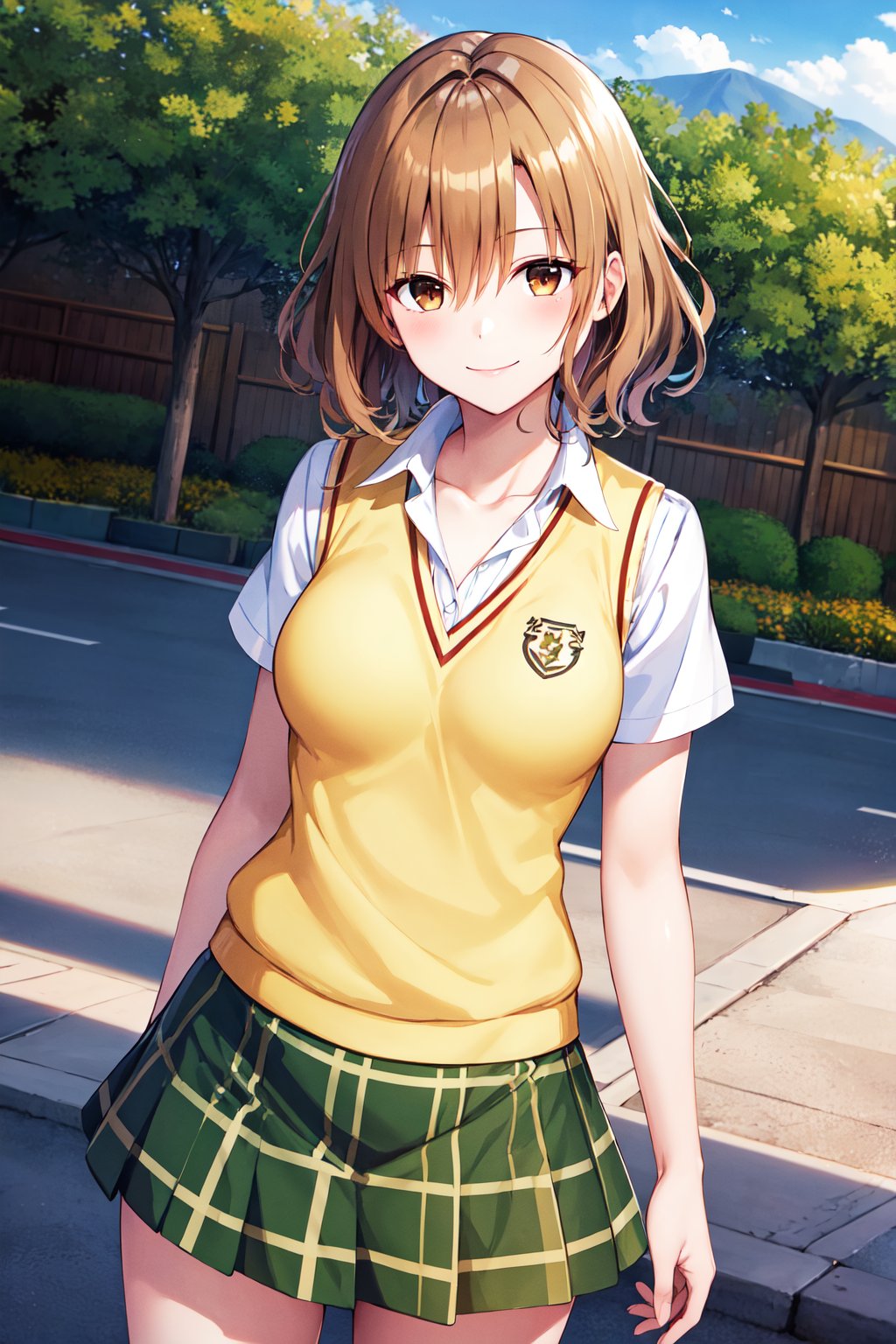 masterpiece, best quality, highres, 1girl, solo, short hair, brown hair, brown eyes, breasts, collarbone, school uniform, collared shirt, white shirt, sweater vest, (yellow vest:1.1), short sleeves, plaid skirt, green skirt, <lora:momioka_risa_v1:0.7>, cowboy shot, standing, outdoors, smile