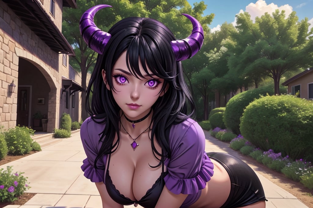 sexy sultry black hair purple eyes horns cleavage l00nelv1a looking at viewer, masterpiece, best quality, high quality, outdoors, detailed background, <lora:Sexy_Black_Hair_Purple_Eyed_Succubus_-_Generic_Character:0.6>, <lora:image enhancer soft_v1:1.0>, <lora:SDXLrender_v2.0:0.6>