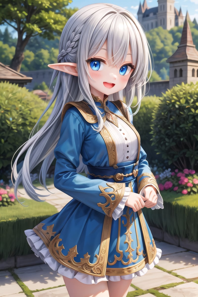 insanely detailed, absurdres, ultra-highres, ultra-detailed, best quality,1girl, solo, nice hands, perfect handsBREAKelf girl, (wearing sorcerer outfit:1.2), (nsfw:-1.5), (navel:-1)BREAKhappy smile, laugh, open mouthBREAK45 angle,standing, cowboy shot, looking at viewerBREAKslender, kawaii, perfect symmetrical face, ultra cute girl, ultra cute face, ultra detailed eyes, ultra detailed hair, ultra cute, ultra beautifulBREAKfantasy world, garden of castle, depth of field, ultra detailed backgroundBREAKmedium breasts,BREAKsilver hair, elf ear, blue eyes