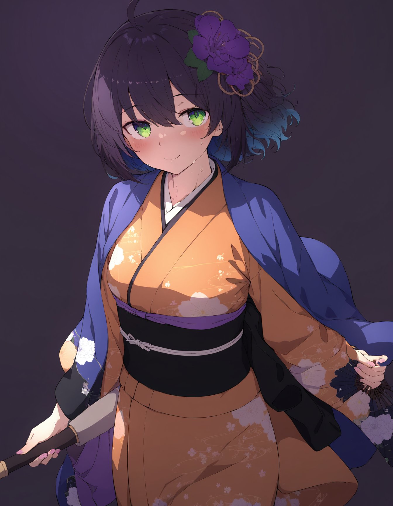 sy4style,1girl, ikusaba daisuke,   breasts, closed mouth, yellow eyes, sash, blue cape, simple background, multicolored eyes, hand up, alternate costume, fingernails, purple background, light, solo, kimono, japanese clothes, blue hair, orange kimono, smile, holding fan, hair ornament, looking to the side, hair flower, short hair, green eyes, medium breasts, looking at viewer, holding, hair between eyes, cape, multicolored hair, purple flower, standing, gradient hair, purple hair, black hair, hand fan, wide sleeves, flower, long sleeves, masterpiece, newest, absurdres, safe <lora:sy4style (3):1>