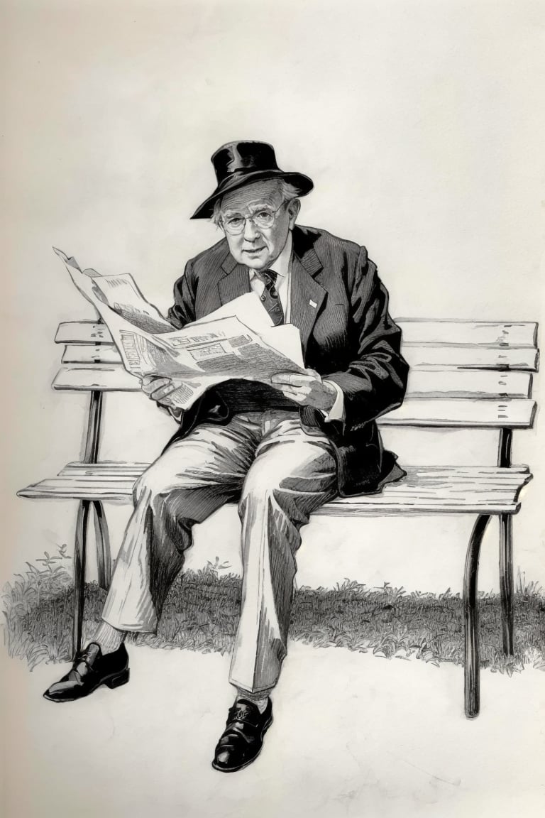 ((HRD, HUD, 8K)),((masterpiece, best quality)), highly detailed, soft light,PenDrawing, newspaper, 1boy, bench, male focus, monochrome, hat, glasses, sitting, reading, necktie, solo, formal, old, traditional media, suit, old man, sandals, greyscale, holding, pants, <lora:20240502-1714613055003:0.8>