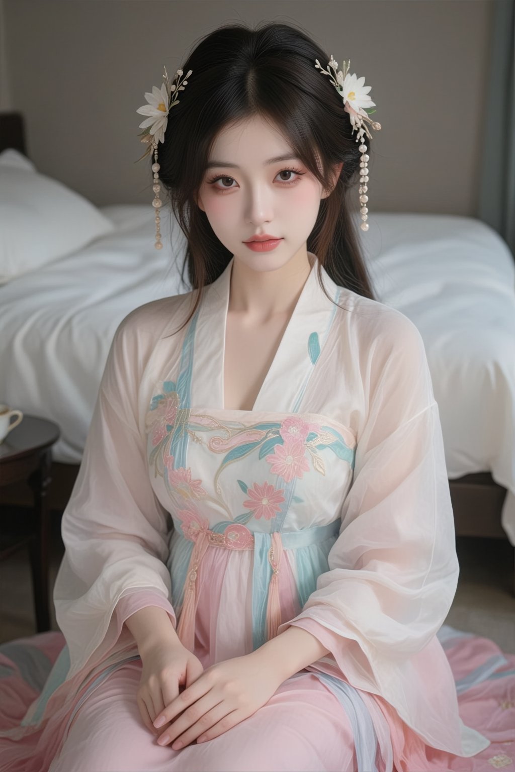 A young East Asian woman with long,  dark hair styled in an elaborate updo adorned with pearl and floral hairpieces. She i...