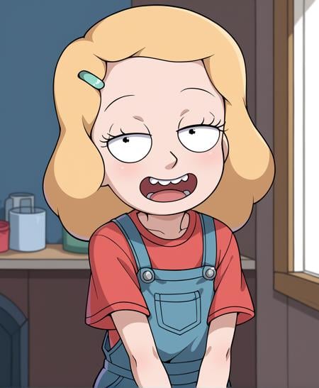 score_9, beth, child, 1girl, rick and morty, red t-shirt, overall shorts, blue overalls, hairclip, upper body, solo , indoors, open mouth, teeth, half-closed eyes<lora:beth:1>