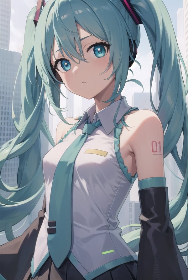 hatsunemiku, <lora:mikuhatsunetest:1>,miku hatsune, ahoge, aqua eyes, aqua hair, crossed bangs, hair between eyes, hair ornament, headphones, long hair, twintails,BREAK aqua necktie, black footwear, black skirt, black sleeves, boots, collared shirt, detached sleeves, grey shirt, necktie, pleated skirt, shirt, skirt, sleeveless, sleeveless shirt, thigh boots, tie clip,BREAK looking at viewer,BREAK outdoors, city,BREAK <lora:GoodHands-vanilla:1>, (masterpiece:1.2), best quality, high resolution, unity 8k wallpaper, (illustration:0.8), (beautiful detailed eyes:1.6), extremely detailed face, perfect lighting, extremely detailed CG, (perfect hands, perfect anatomy),