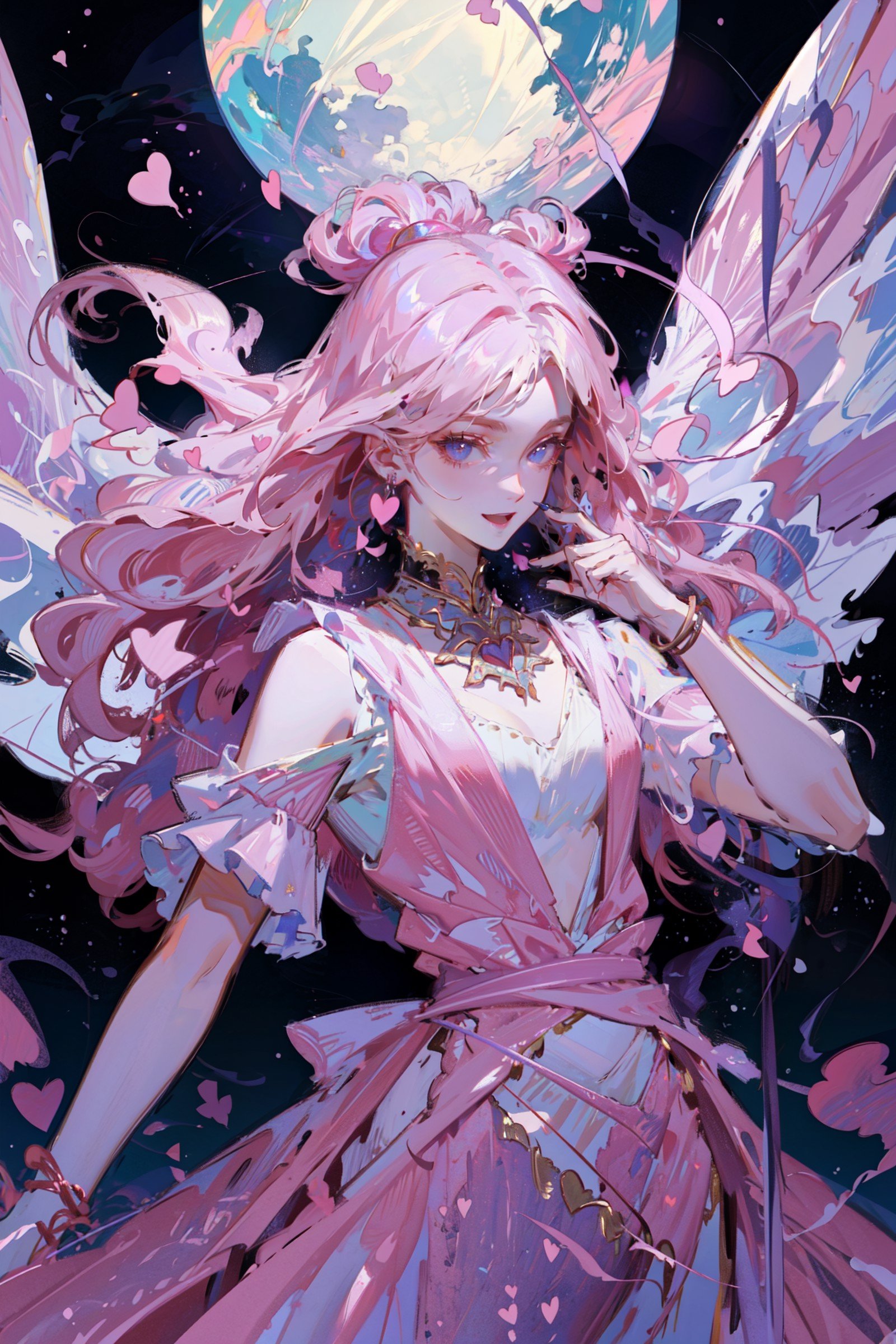 ((best quality, masterpiece, absurbres, super-resolution))  dream, surreal background, floating, universe, godly, mythical, heavenly, extravagant outfit , (((pink hearts)))