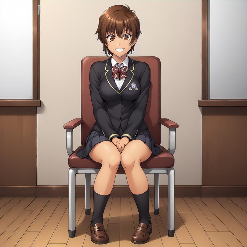 <lora:NagisaFujimaXLpony001>,grin,solo,NagisaFujima,1girl,brown hair,short hair,brown eyes,tan,school_uniform,black blazer,pleated_skirt,black skirt,black socks,full body,sitting,chair,