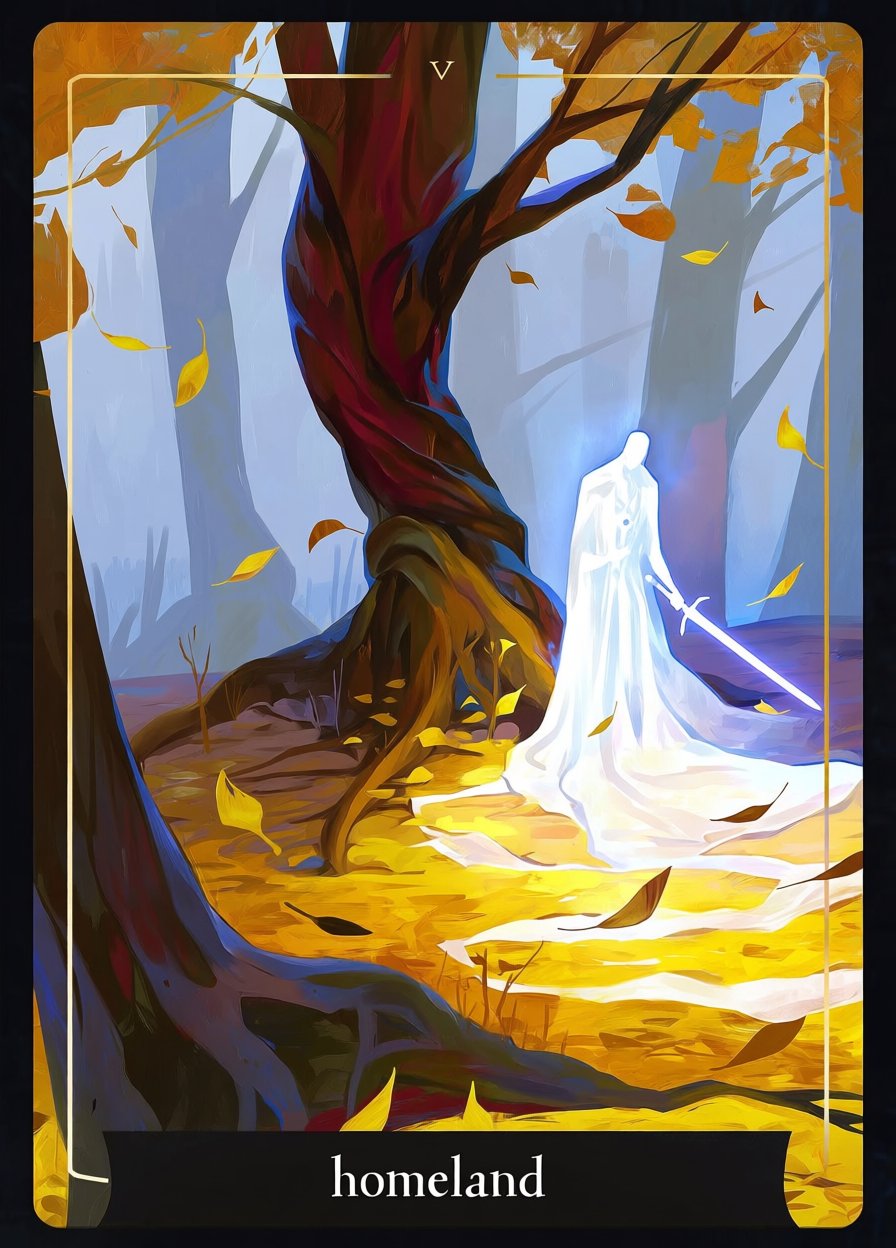 detailed image of tarot card artwork,  with text "homeland" at the bottom. Digital painting of a mystical forest during au...
