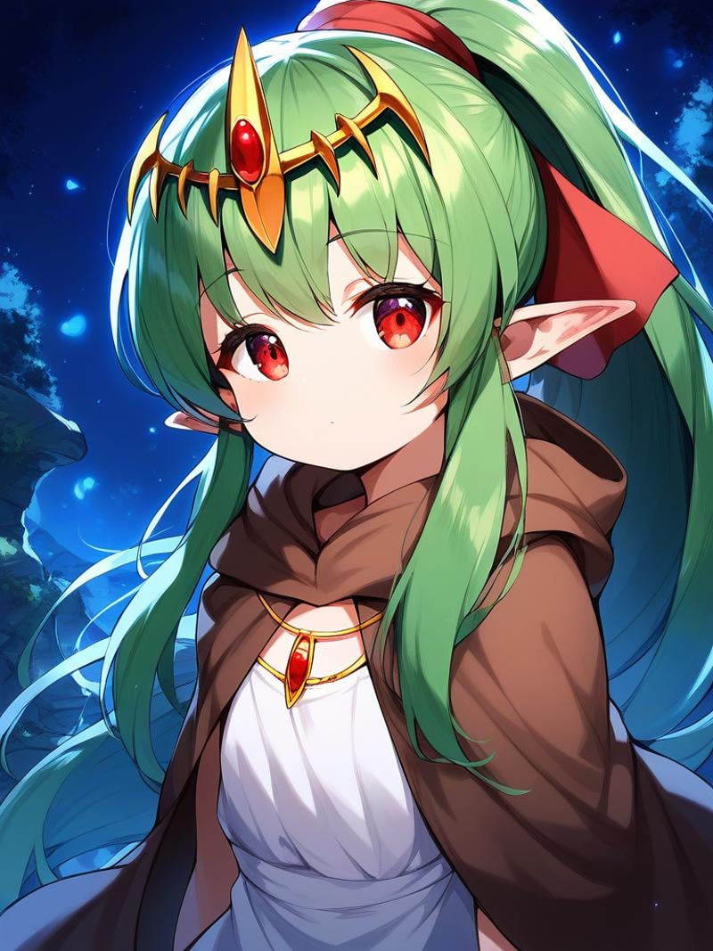 score_9, score_8_up, score_7_up, source_anime, rating_explicit, BREAK  <lora:Tiki_FE_XL:1>  Tiki, pointy ears, long hair, green hair, ponytail, tiara,  flat chest, hair ribbon, very long hair, short stack,red eyes, stone, solo, brown hood, hood up, jewelry,  closed mouth, cloak, gem, upper body, dress, hair ornament, hooded cloak,looking at viewer, night, 