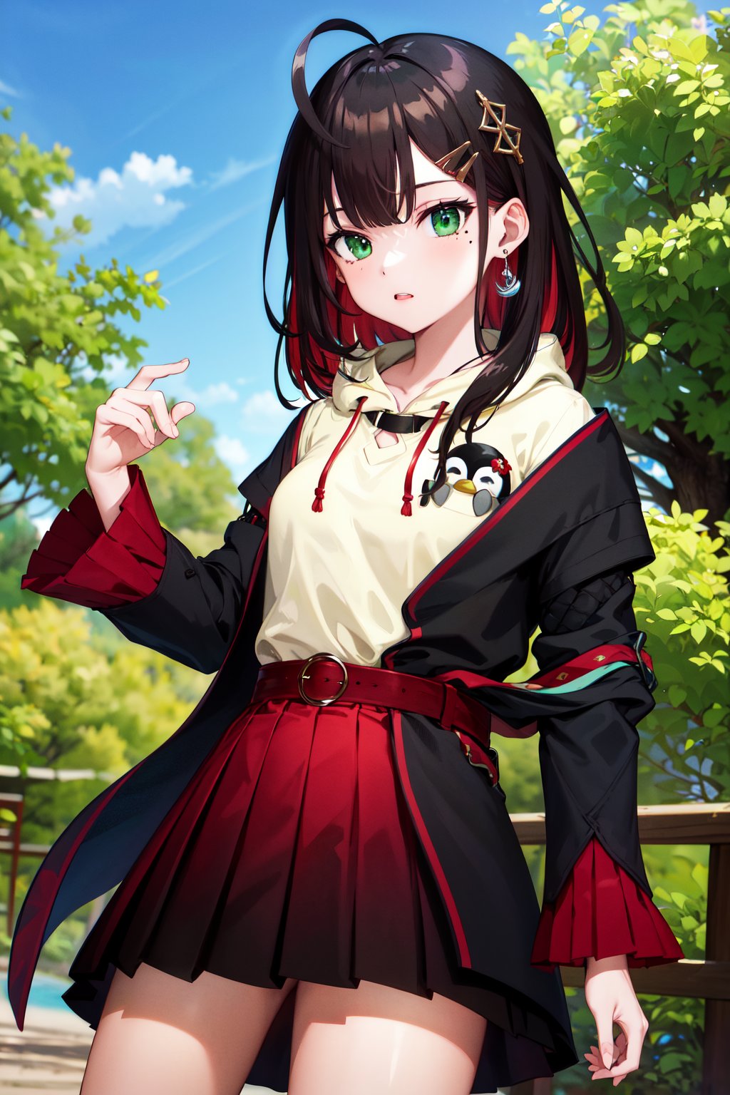 masterpiece, best quality, highres, aayui, medium hair, multicolored hair, hair ornament, ahoge, green eyes, mole under eye, earrings, collared shirt, hoodie, penguin, hood, black jacket, open clothes, long sleeves, belt, red skirt, pleated skirt, <lora:hizuki_yui_v1:0.7>, standing, cowboy shot, outdoors