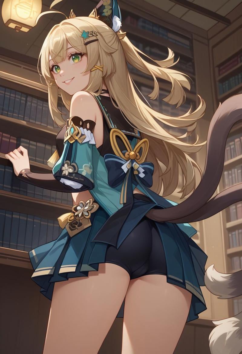 score_9, score_8_up, score_7_up, source_anime, 1girl, kiraradef, blonde hair, green eyes, long hair, ahoge, animal ears, hair ornament, hairclip, two tails, multiple tails, cat tail, detached sleeves, bare shoulders, crop top, tassel, black choker, blue miniskirt, pleated skirt, midriff, bike shorts, bike shorts under skirt, standing, smile, :3, looking at viewer, indoors, library, cowboy shot, from behind, looking back, from below, ass, against wall, <lora:Kirara_v1-000010:1>