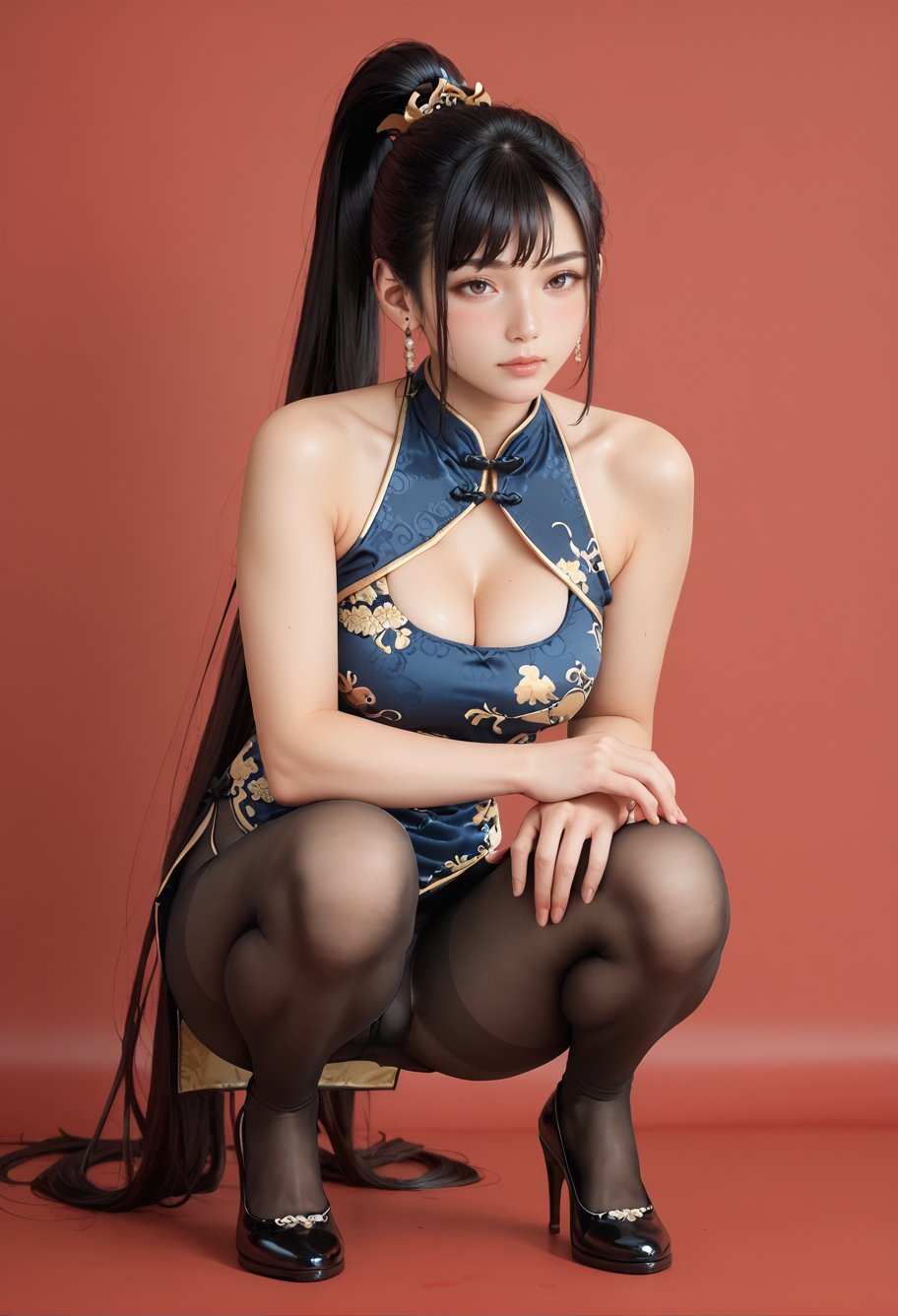 score_9,score_8_up,score_7_up,8k,hd,blush,red background,1girl,solo,full body,squatting,black hair,high ponytail,very long hair,,ruanyi0608,bare shoulders,black pantyhose,china dress,cleavage,side slit,<lora:0608 Stellar Blade (national color peony)_v1_pony:0.9>