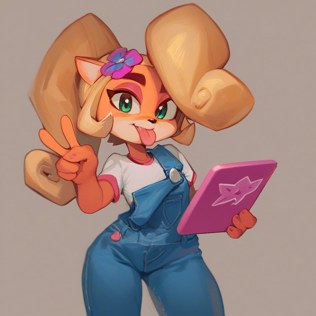 <lora:Coco_Bandicoot:1>, BREAKScore_9, score_8_up, score_7_up, score_6_up, Coco Bandicoot, overalls, clothed, holding pink tablet, tongue out, looking at viewer, peace sign, by wamudraws, by kempferzero <lora:Wamudraws:0.5>