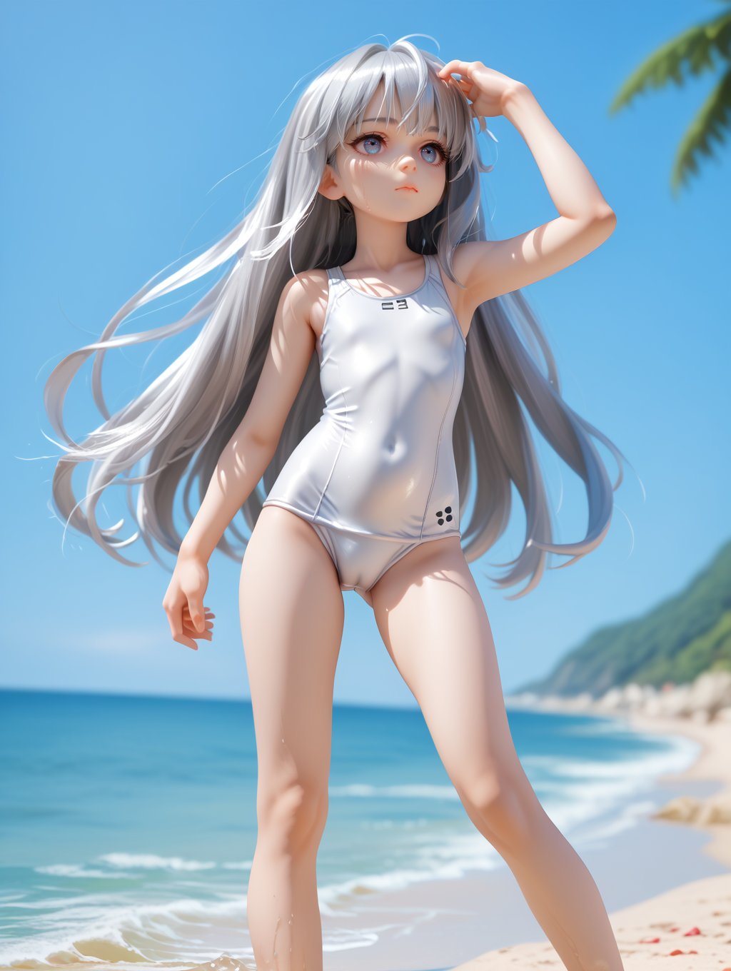 score_9, score_8_up, score_7_up,1girl,very long hair, silver hair, one-piece swimsuit, beach,  