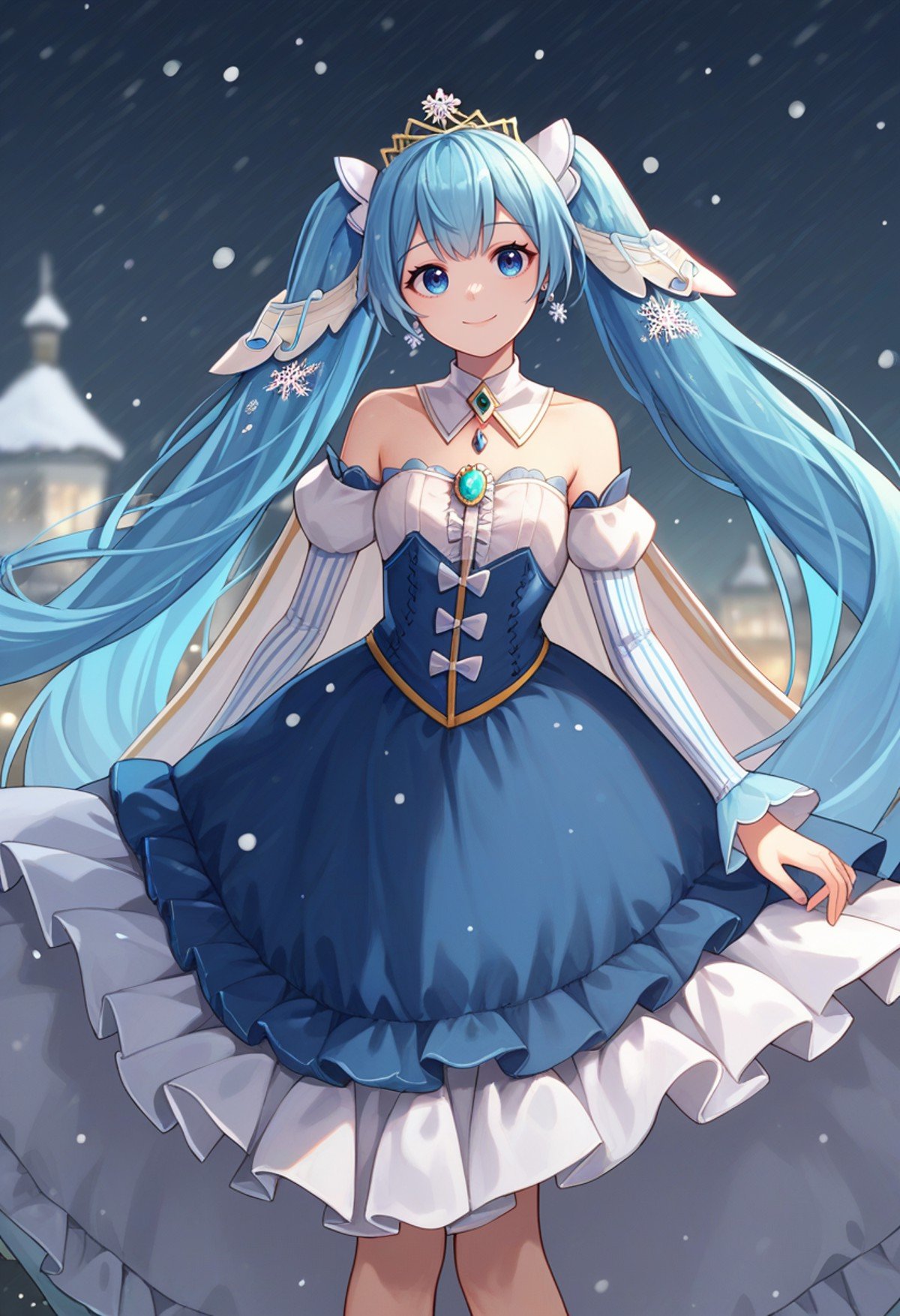 score_9, score_8_up, score_7_up, source_anime, solo, 1girl, yukimiku2019, smile, looking at viewer, standing, blue hair, twintails, musical note hair ornament, snowflake hair ornament, tiara, blue dress, strapless dress, frilled dress, detached collar, long sleeves, white sleeves, detached sleeves, juliet sleeves, striped sleeves, earrings, bare shoulders, snowing, outdoors <lora:vocaloid_yukimiku2019_ponyXL-000008:1>