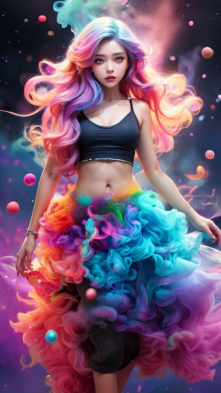 Colorful Girl,full body,1 girl,dynamic posture,colorful hair,gradient hair,smoky hair,colored smoky hair,colored smoke particles,powder particle background,artistic,official art,