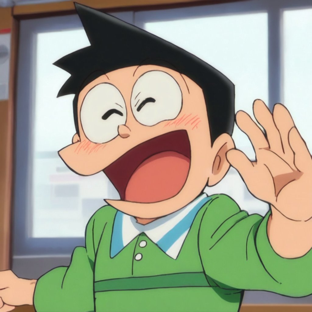 score_9, score_8_up, score_7_up, score_6_up, score_5_up, score_4_up, source_anime, honekawa suneo, 1boy, male focus, solo, smile, open mouth, black hair, closed eyes, blush, window, parody, child, :d, ^_^, portrait, masterpiece, best quality,<lora:minamoto shizuka and nobita pony:1>