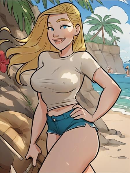 <lora:HeatherSP1.0:1.0> heathersp, blonde hair, blue eyes, 1girl ,solo focus, short shorts,t-shirt, long hair, tropical island,beach, ocean,large breasts,   smile,looking at viewer,mature female,  cowboy shot, breasts,hand on own hip,, score_9, score_8_up, score_7_up, score_6_up