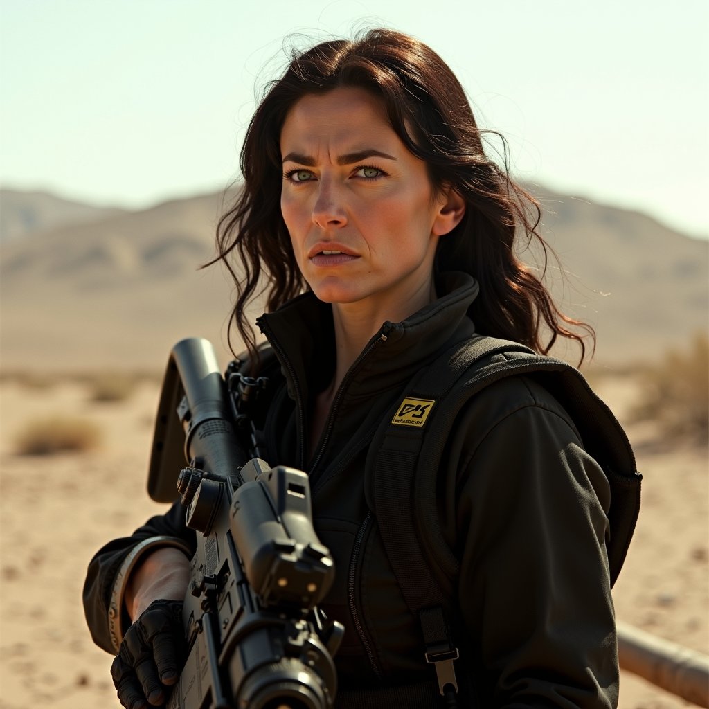 cbk, full body shot, claudia black wearing a black commando suit and holding an assault riffle, looking at something in the desert, photorealistic, real photography, 4k, hd,  <lora:claudia-black:1.2>, Photorealistic, Hyperrealistic, Hyperdetailed, analog style, soft lighting, subsurface scattering, realistic, heavy shadow, masterpiece, best quality, ultra realistic, 8k, golden ratio, Intricate, High Detail, film photography, soft focus, RAW candid cinema, 16mm, color graded portra 400 film, remarkable color, ultra realistic, textured skin, remarkable detailed pupils, realistic dull skin noise, visible skin detail, skin fuzz, dry skin, shot with cinematic camera