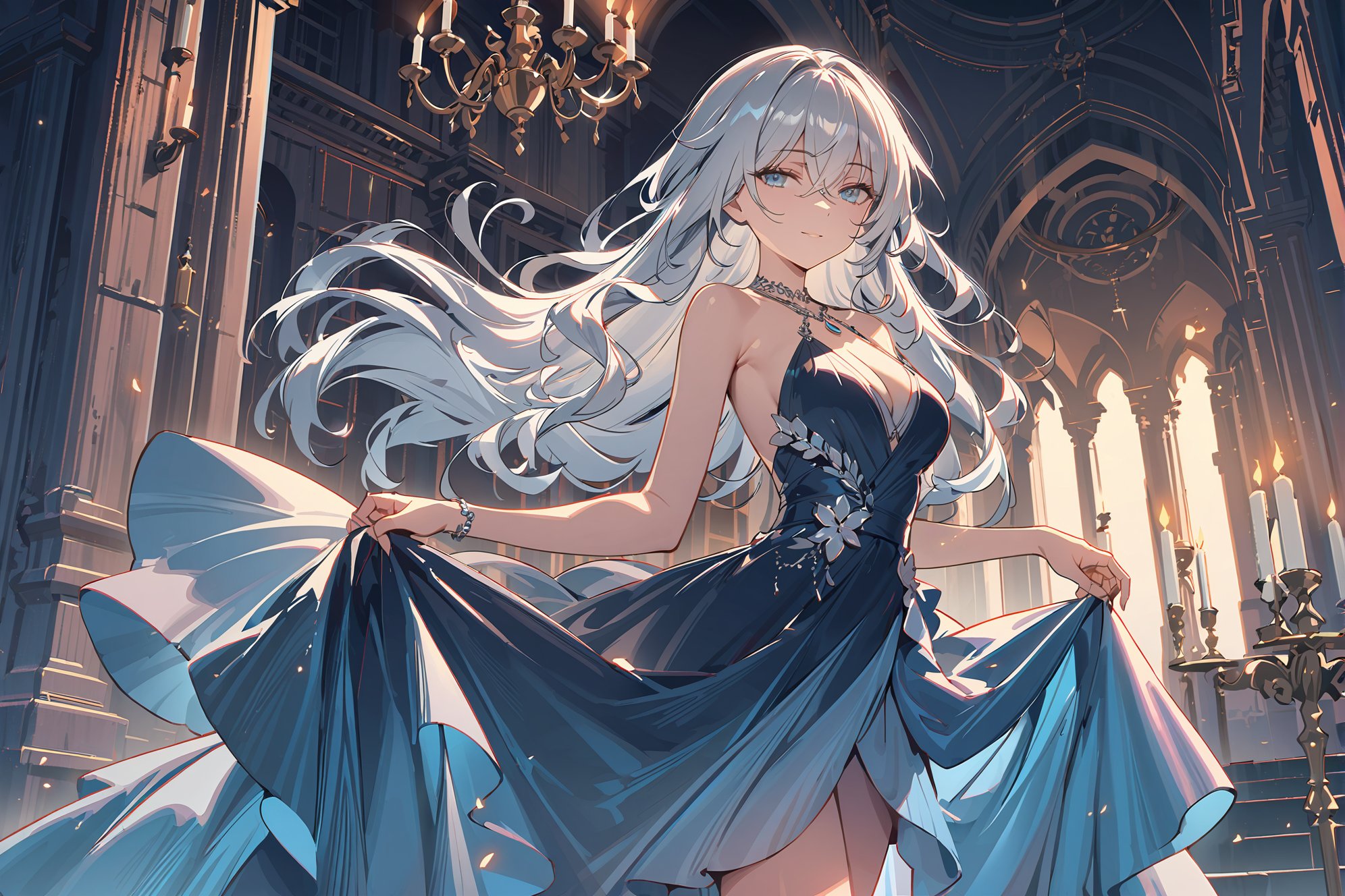 line art,line style,1girl,solo,blue eyes,white hair,long hair,hair between eyes,cleavage,medium breasts,silver halter dress,necklace.halterneck,evening gown,cowboy shot,light smile,half-closed eyes,looking at viewer,skirt_hold,gothic architecture,Industrial wind,window_,sash,curtains,indoor,castle,chandelier,candlestand,masterpiece,bestquality,onnk,