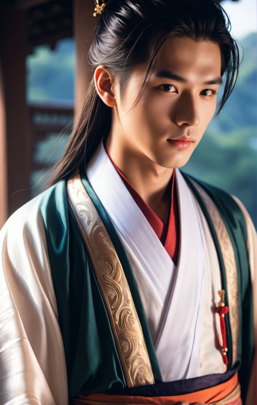 18 y.o boy,hanfu,(close-up:1.4),magnificent,ethereal,epic,majestic,magical,fantasy art,dreamy,elegant,cinematic,background illuminated,ambient dramatic atmosphere,creative,perfect,intricate,detailed,long hair,