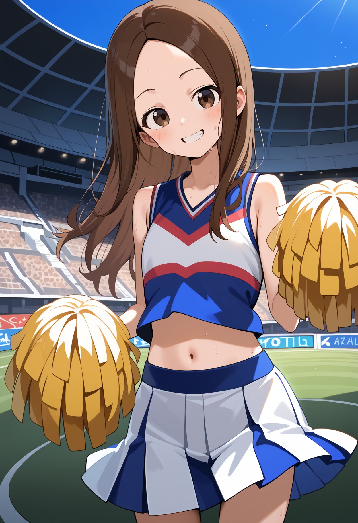 score_9, score_8_up, score_7_up, score_6_up, score_5_up, score_4_up, source_anime, aatakagi, solo, long hair, brown hair, parted bangs, <lora:takagi-san_ponyxl_v1:0.9>, cheerleader, pom pom \(cheerleading\), smile, standing, stadium, midriff, standing, cowboy shot, sweat