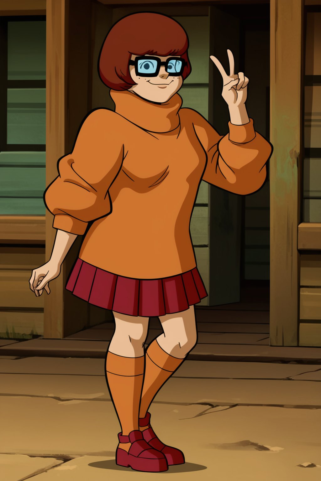 score_9, score_8_up, score_7_up, score_6_up, score_5_up, score_4_up, BREAK, <lora:Velma:1>, 1girl, Velma, brown hair, black eyes, no sclera, glasses, orange sweater, red skirt, orange kneehighs, red footwear, standing, peace sign, smiling, closed mouth