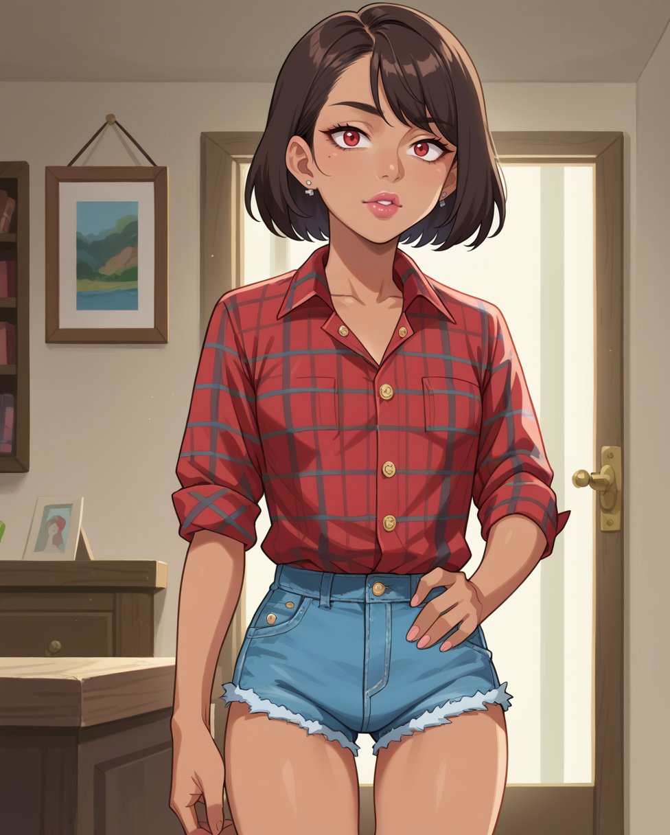 score_9, score_8_up, score_7_up, anime screencap, uncensored, 1girl, solo,Flannel shirt, cozy shorts, Maven, Average Height, in shape, Square Face, Tan Skin, Dark Brown Hair, red Eyes, Straight Nose, Thick Lips, Sharp Chin, Shoulder-Length Hair, Straight Hair, Wavy Bob, small breasts, Stud earrings, hot pink matte lipstick, Enjoying a warm soup, indoors, 