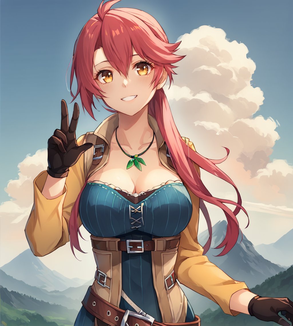 score_9, score_8_up, score_7_up, score_6_up, score_5_up, score_4_up, source_anime, rating_safeBREAK,<lora:TrailsOfColdSteel-ClassVII-000025:0.9>, Sara Valestein, red hair, yellow eyes, large breasts, necklace, blue dress, yellow sleeves, black gloves, belt, brown boots,BREAK,1girl, solo, happy, looking at viewer, upper body, portrait,BREAK,tsukiyo_\(skymint\)BREAK,1girl, outdoors, sky, clouds, distant mountains,