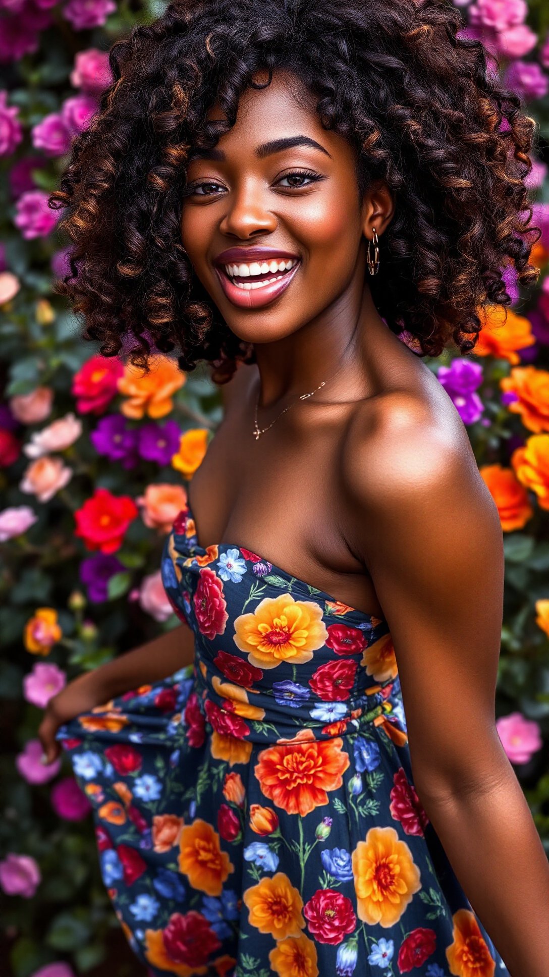 A dynamic close-up shot capturing a beautiful black-skinned woman with vibrant, voluminous curls, laughing joyfully as she twirls in a colorful floral dress, surrounded by blooming garden flowers, rich colors accentuating her glow <lora:Ebony_Beauties:1>