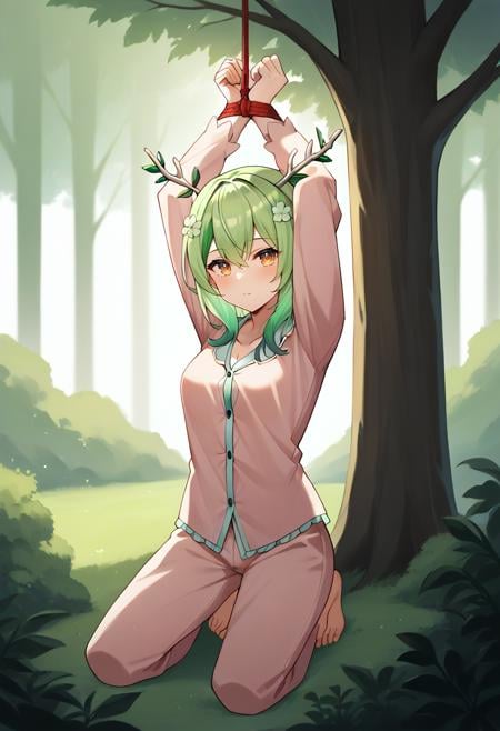 score_9,score_8_up,score_7_up,score_6_up,score_5_up,score_4_up,1girl, ceres fauna, virtual youtuber, hair flower, antlers, pajamas, sleepwear, breasts,solo, cowboy shot, looking at viewer, kneeling, outdoors, forest, tree,arms up, bound wrists,<lora:faunaponyxl5:0.8> <lora:boundwristsupponyxl:1>