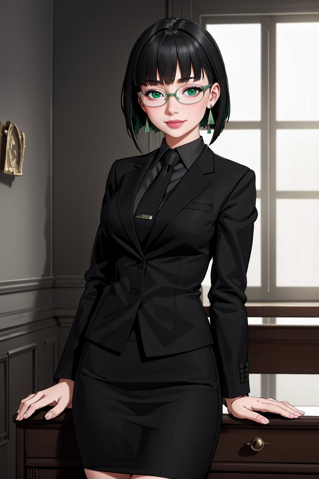 ((Masterpiece, best quality,edgQuality))smiling,solo,1girl,posing for a picture,edgAllmind,blunt bangs,two tone hair,earrings,black suit,necktie, green eyes,pencil skirt,glasses<lora:edgArmoredCore6Allmind:0.8>